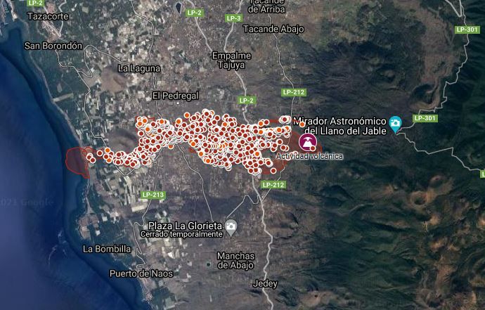 Mapa del recorrido de la lava en el volcán de La Palma por satélite: