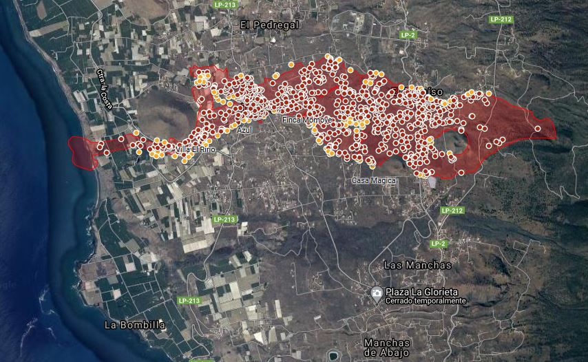 Mapa del recorrido de la lava en el volcán de La Palma por satélite