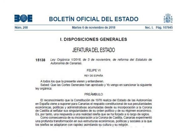 El BOE publica el nuevo Estatuto canario, el primero del país sin aforados, y el nuevo REF canario