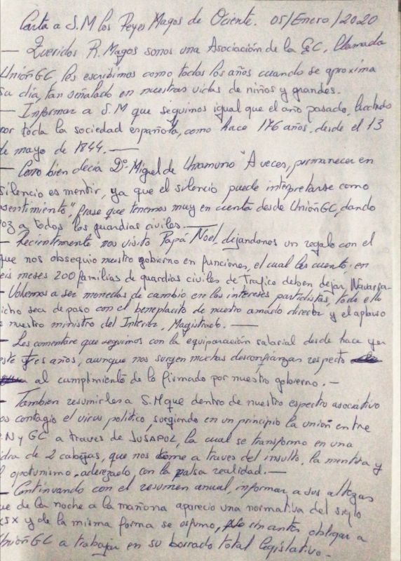 Carta manuscrita a los Reyes Magos de un guardia civil pidiendo la equiparación salarial